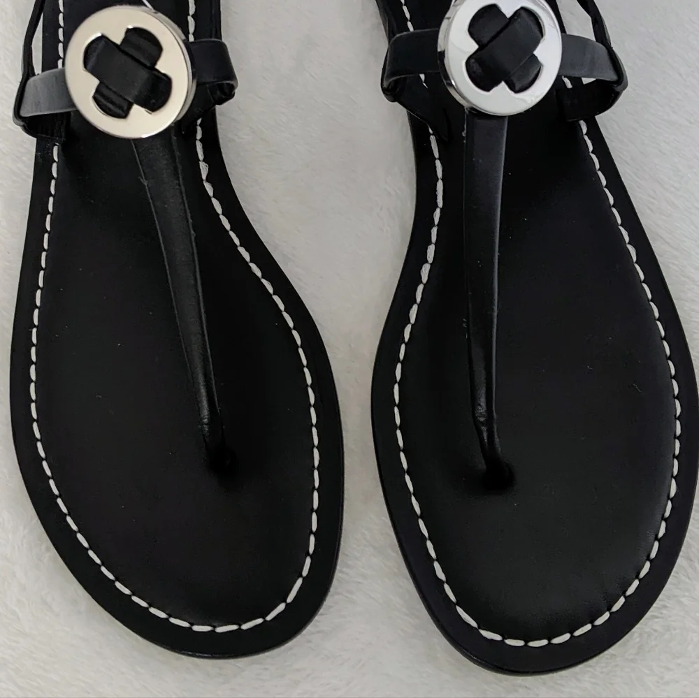 Mercedes Castillo Leather T-Strap Thong Sandal Flat Black Silver EU40 10 NWOB - Picture 3 of 15